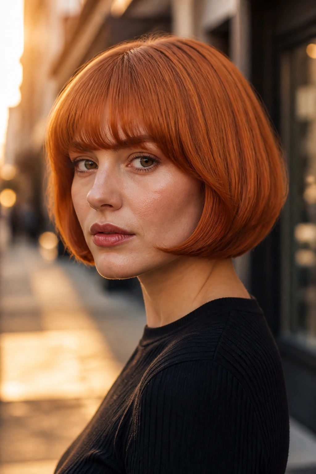 Portrait of a woman with copper bob and curly-style bangs worn straight on city street