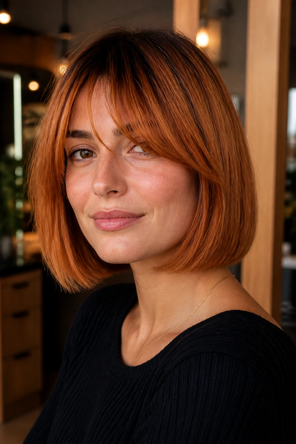 Close-up of a real person with copper bob, curtain bangs, and dark roots in a warm salon lighting