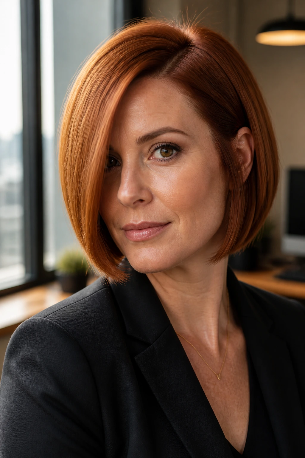 Close-up of a real woman with a sleek copper bob and a deep side part in warm office light