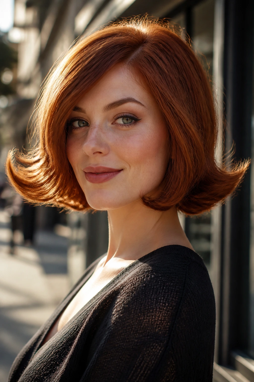 Close-up portrait of a real person with copper bob flipped ends