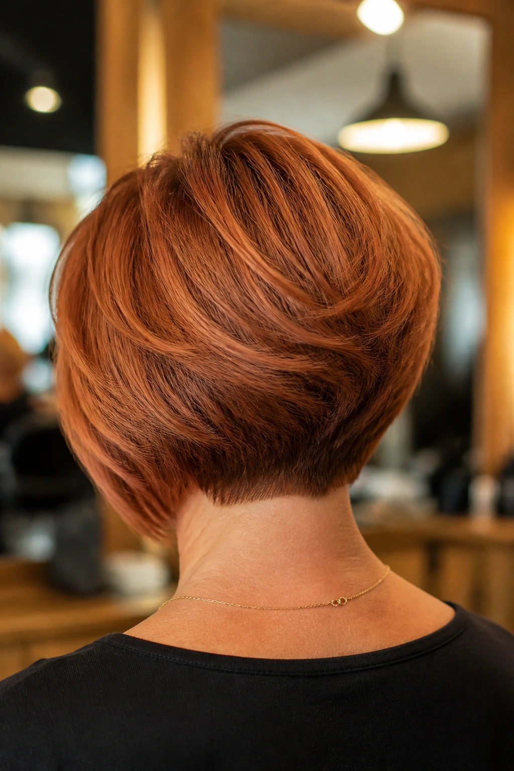 Close-up portrait showing graduated copper layers with a shorter nape and longer crown