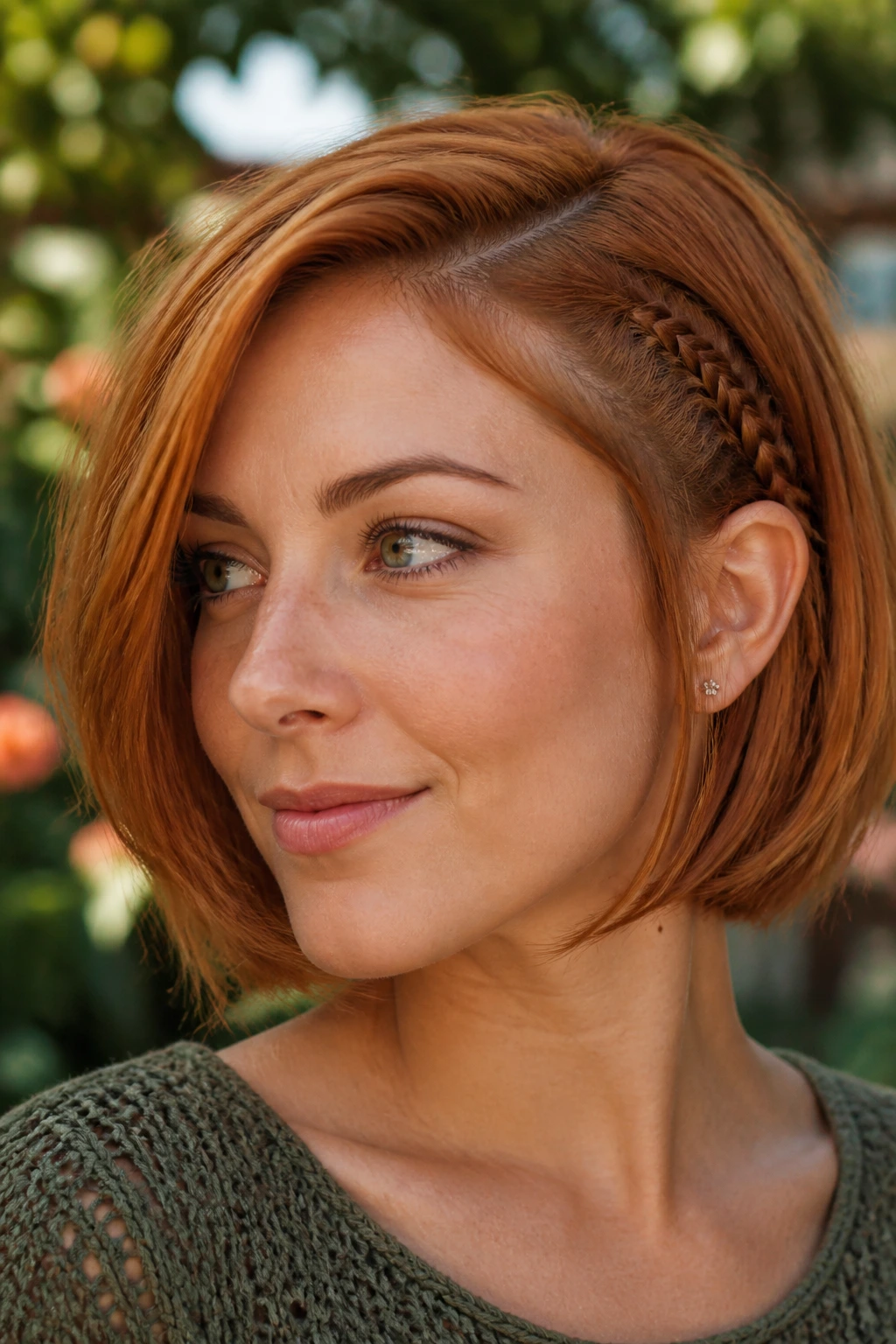 Close-up portrait of a real woman with copper bob and hidden braid behind the ear in natural light
