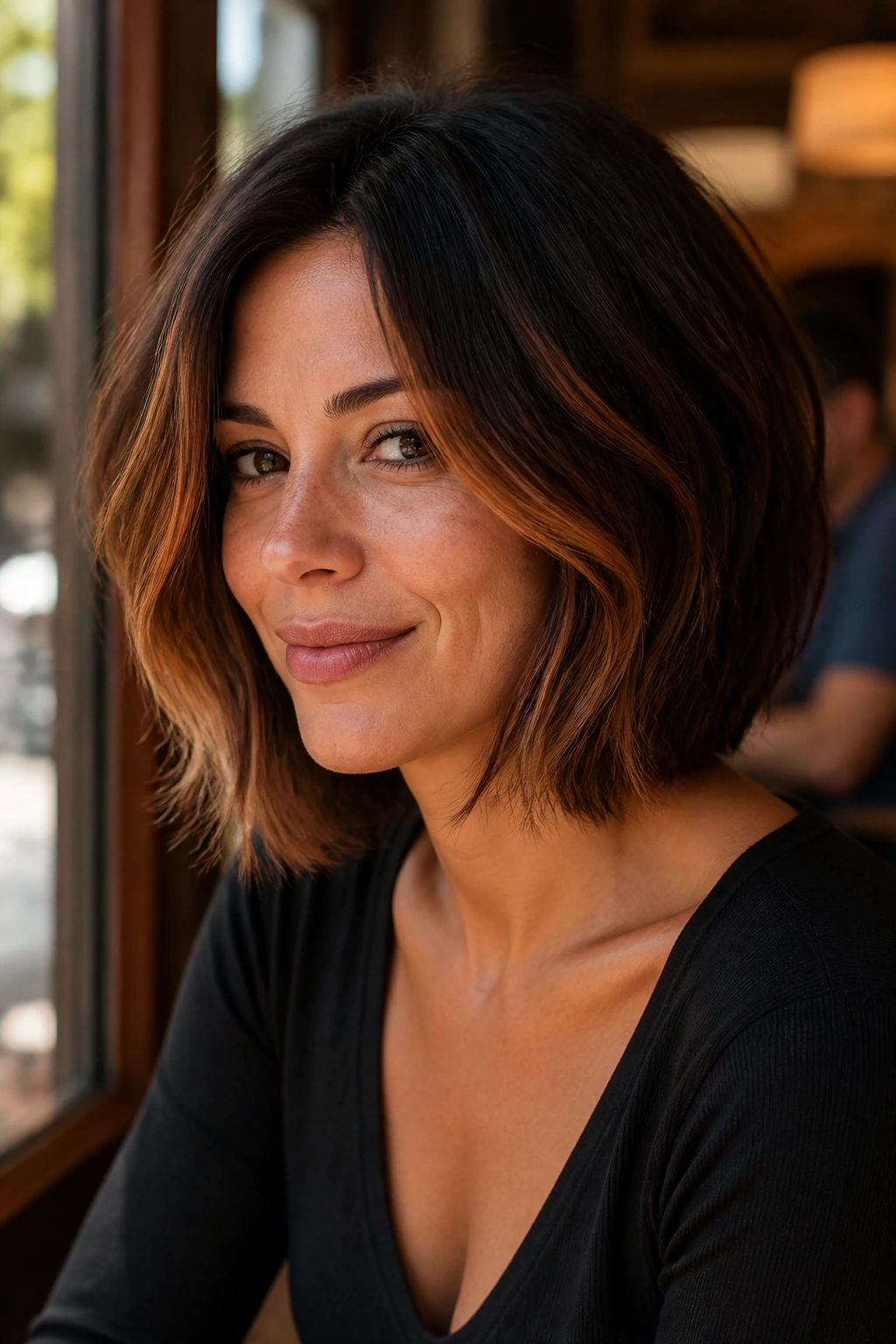 Real woman with copper bob and face-framing highlights