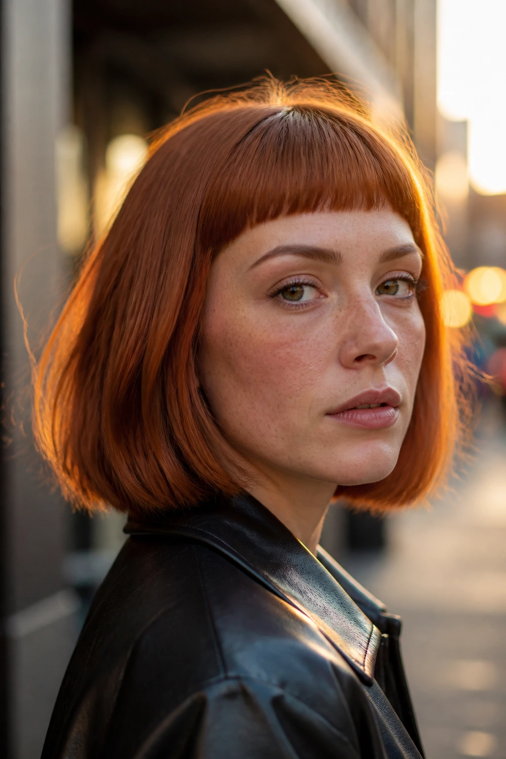 Close-up portrait of a real person with copper bob and micro-bangs