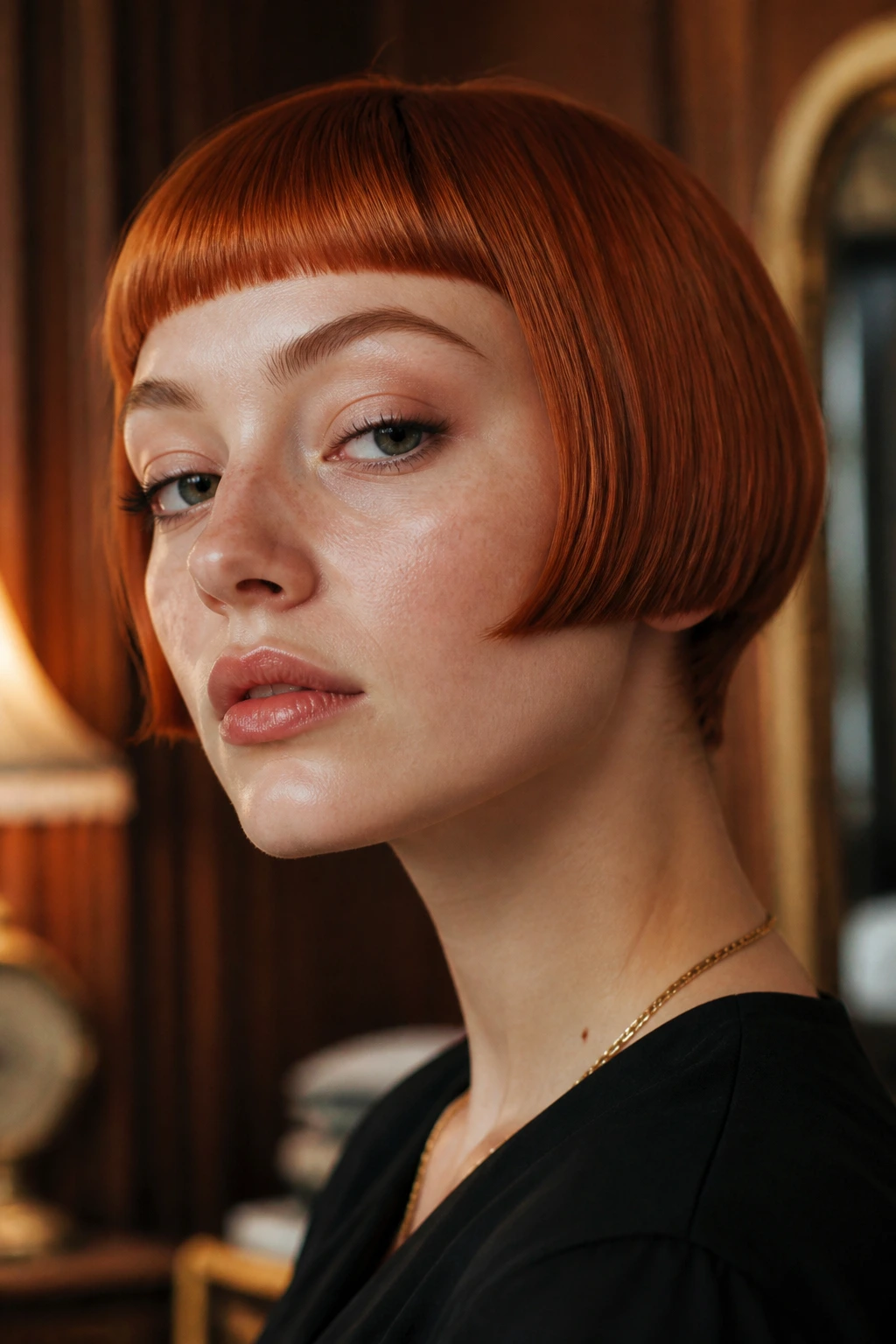 Close-up of a woman with copper bob micro-fringe and sideburns in retro-inspired room