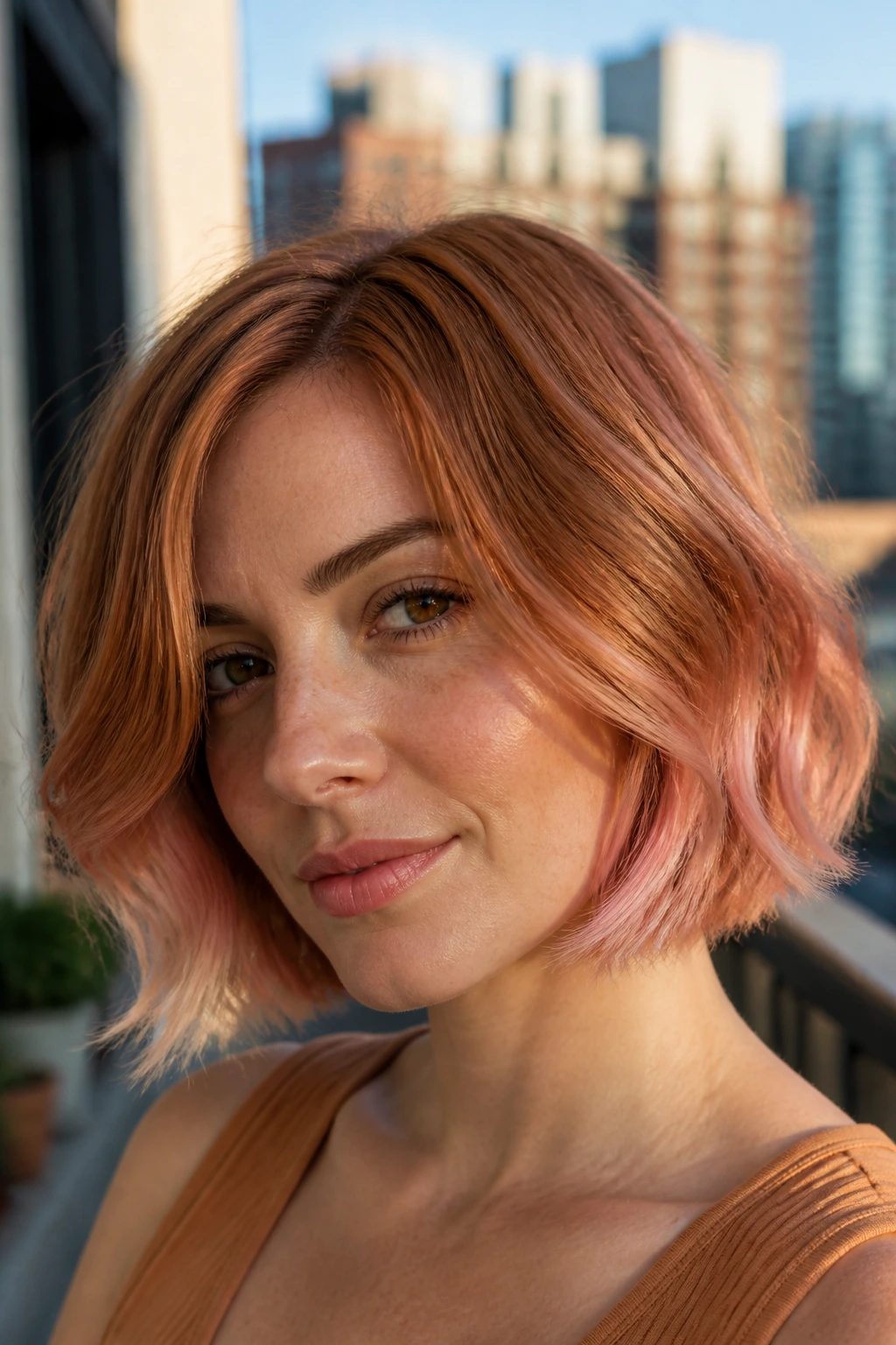 Close-up portrait of a real person with copper bob and pastel undertones