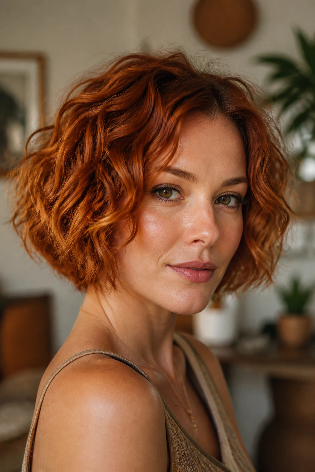 Close-up portrait of a real woman with copper bob permed texture and loose waves