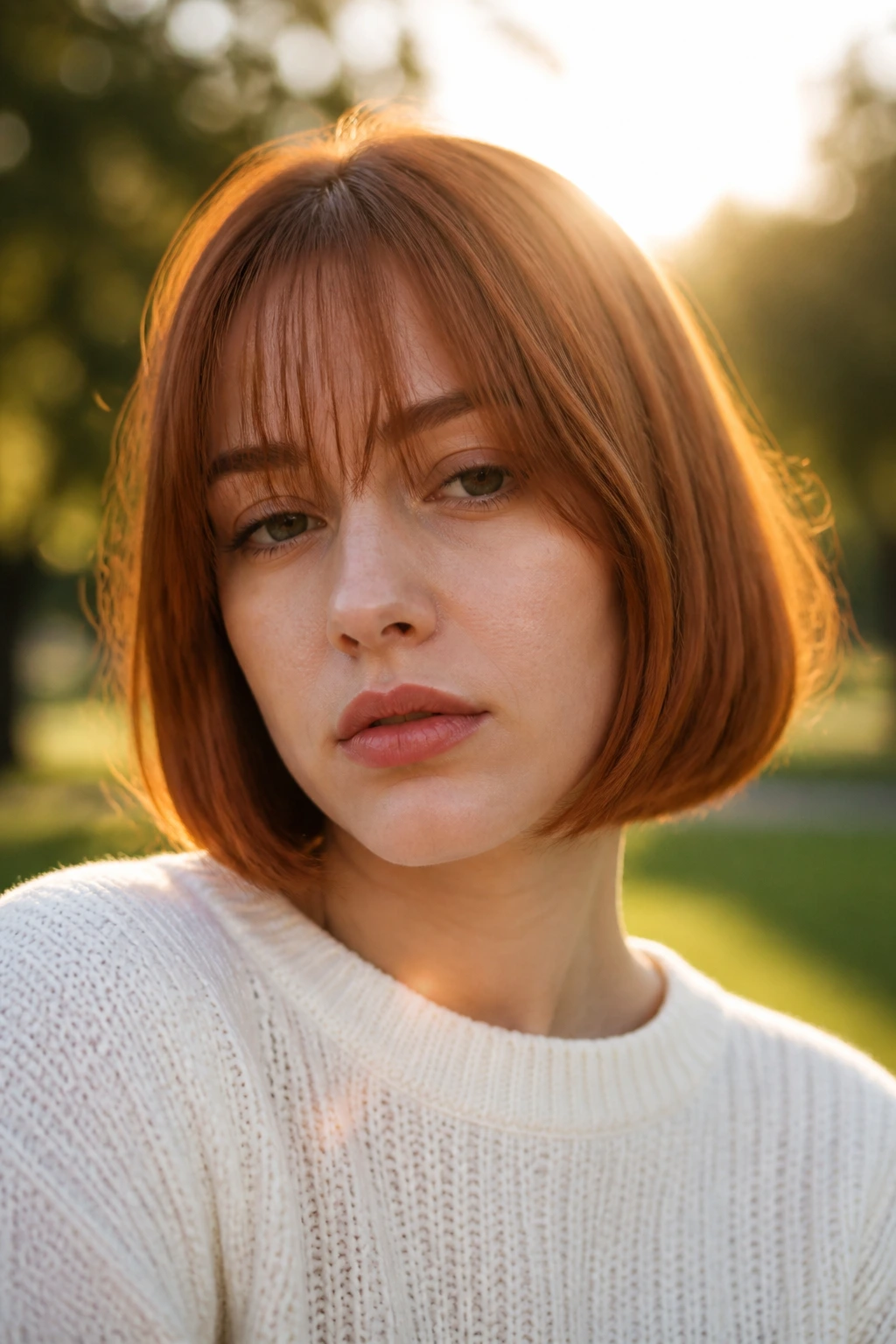 Close-up of a real person with copper bob and see-through bangs in a golden-hour park.