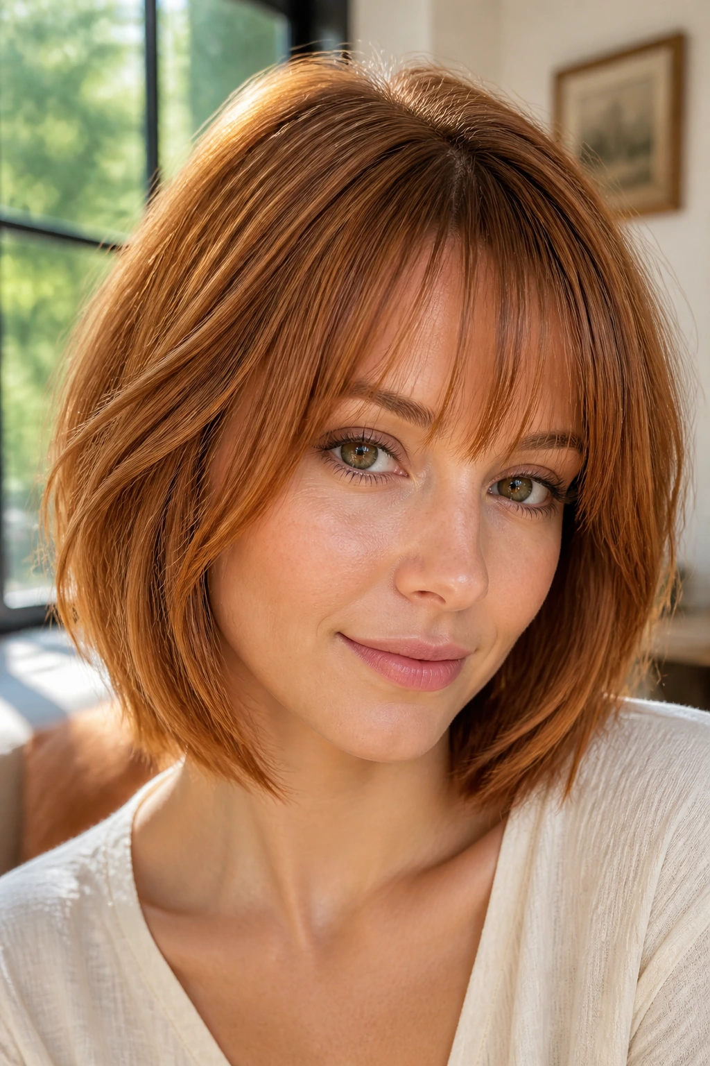 Close-up of a woman with copper bob and wispy layers in a sunlit living room
