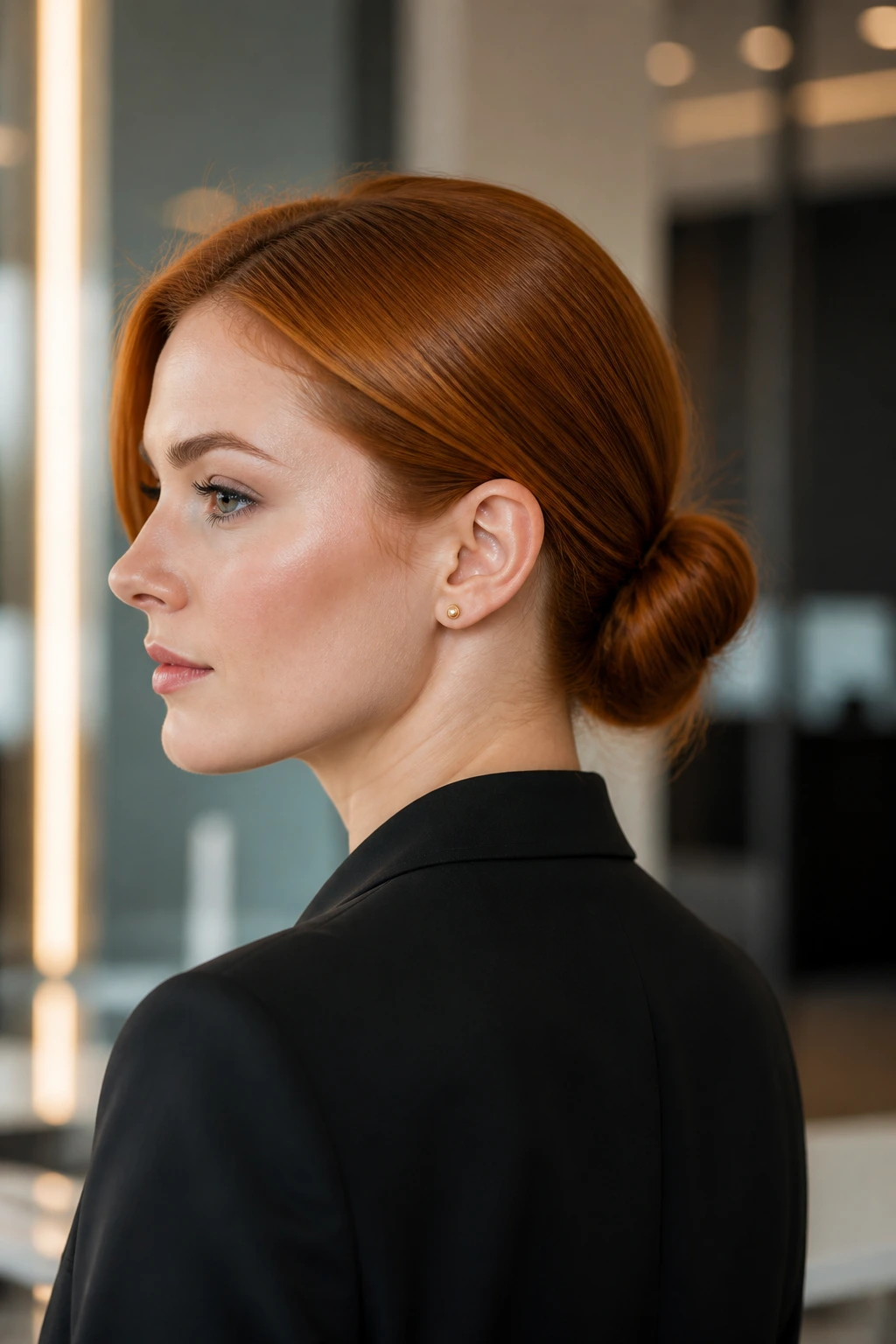 Close-up portrait of a woman with a copper low chignon hairstyle