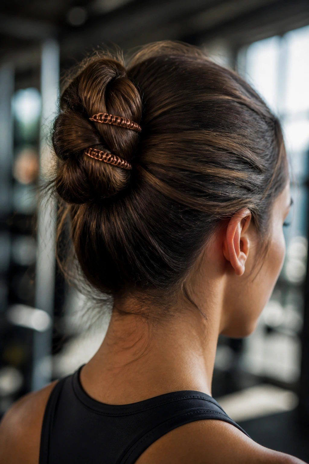 Copper coil bun pins securing a compact bun on a real person