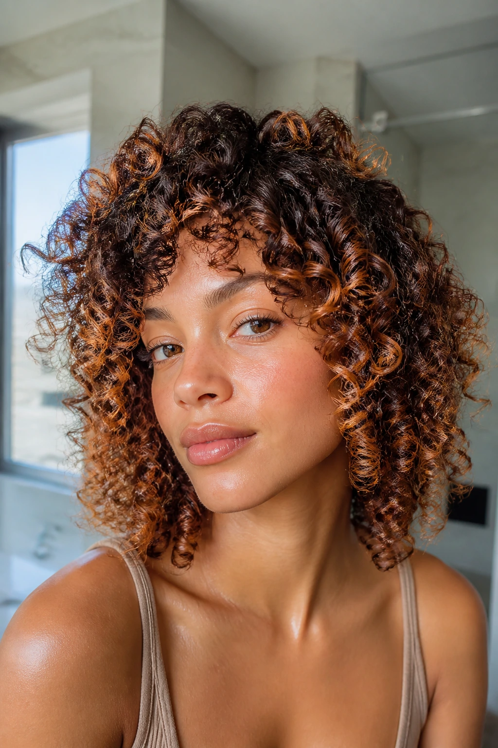 Close-up of a real person with copper-highlighted curls in a bright bathroom