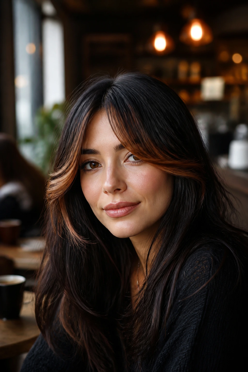 Close-up portrait of a woman with dark roast base hair and copper-tipped curtain bangs.