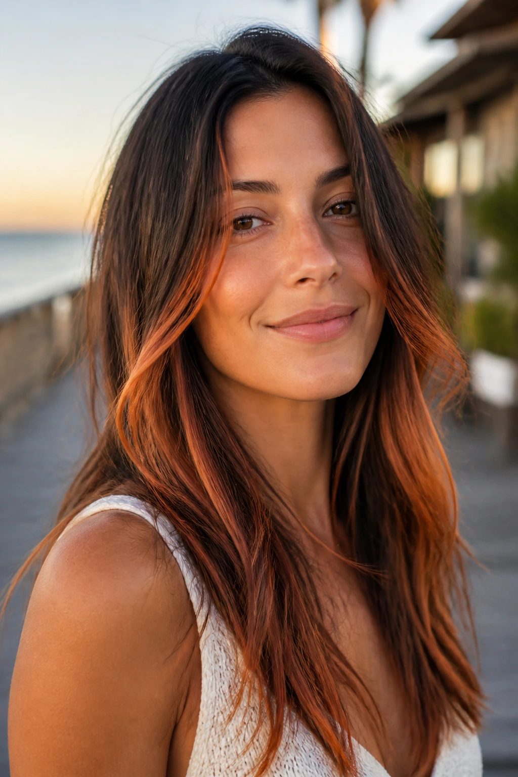 Real woman with copper-dipped ends on long layers