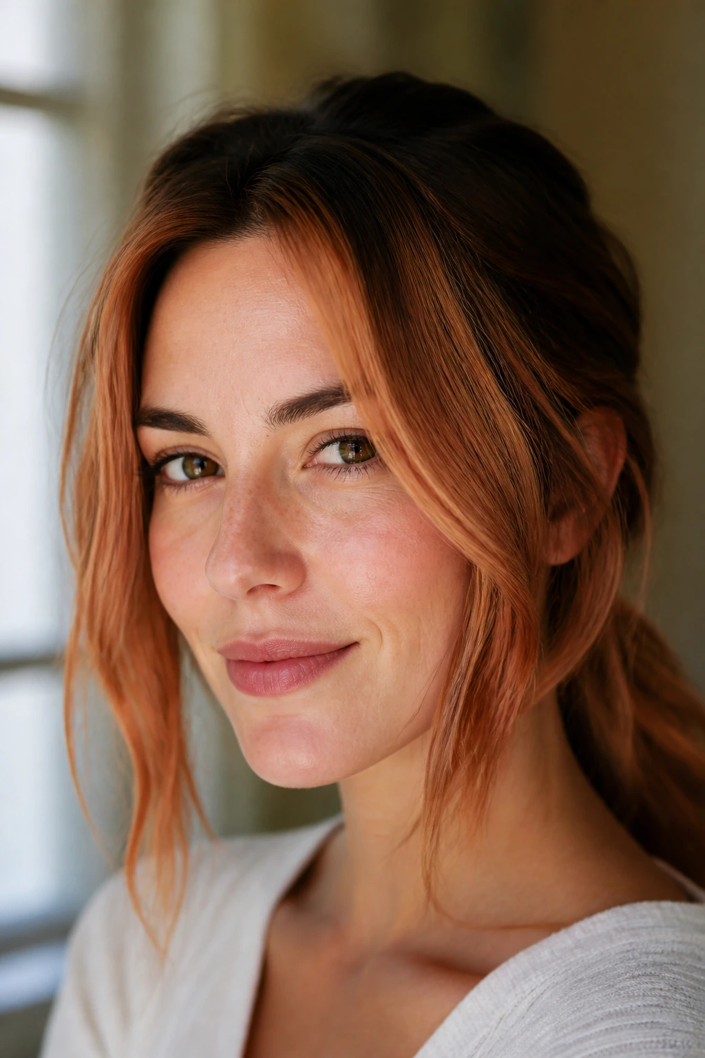 Woman with copper-toned face-framing pieces around her face in soft daylight