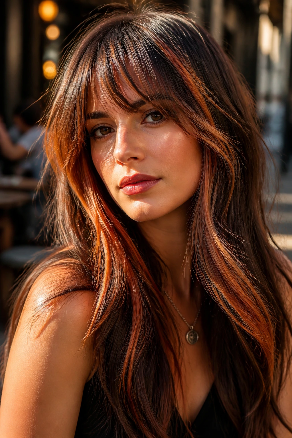 Close-up portrait showing copper glow frame around the face with textured choppy bangs.