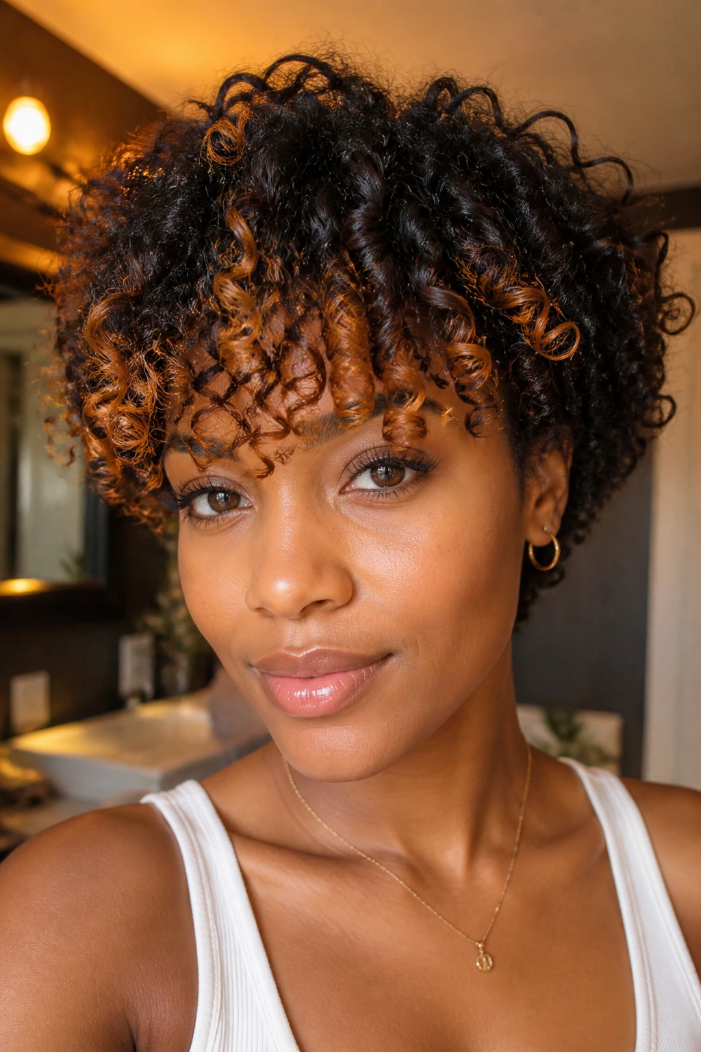 Close-up portrait of a real person with layered curly bangs accented by copper-gold highlights