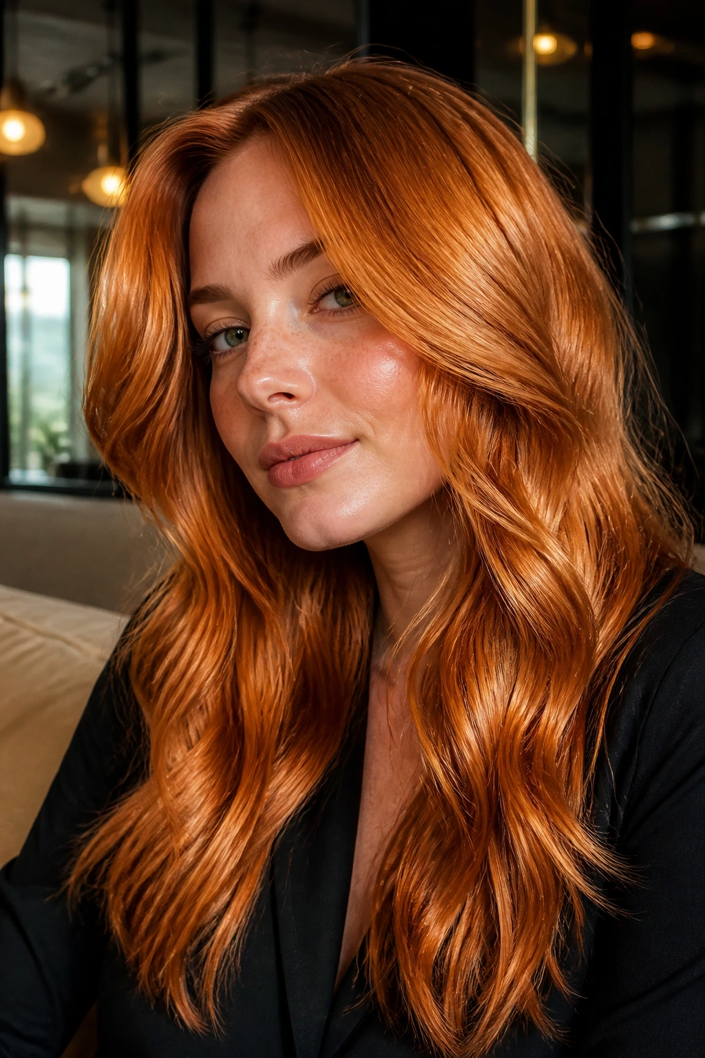 Real person with copper-gold metallic hair in chic lounge lighting
