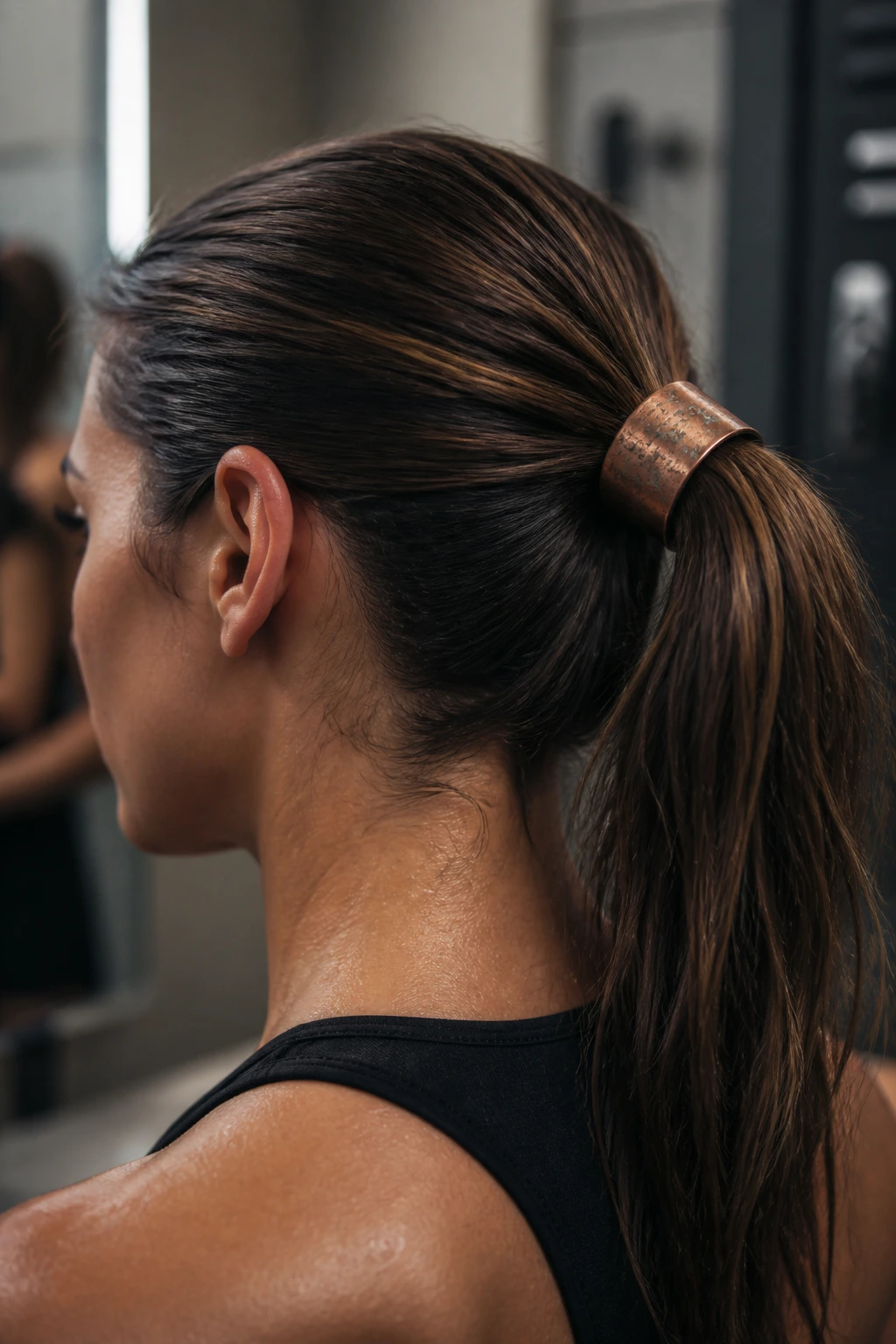 Real woman with oxidized copper hair cuff securing ponytail in gym