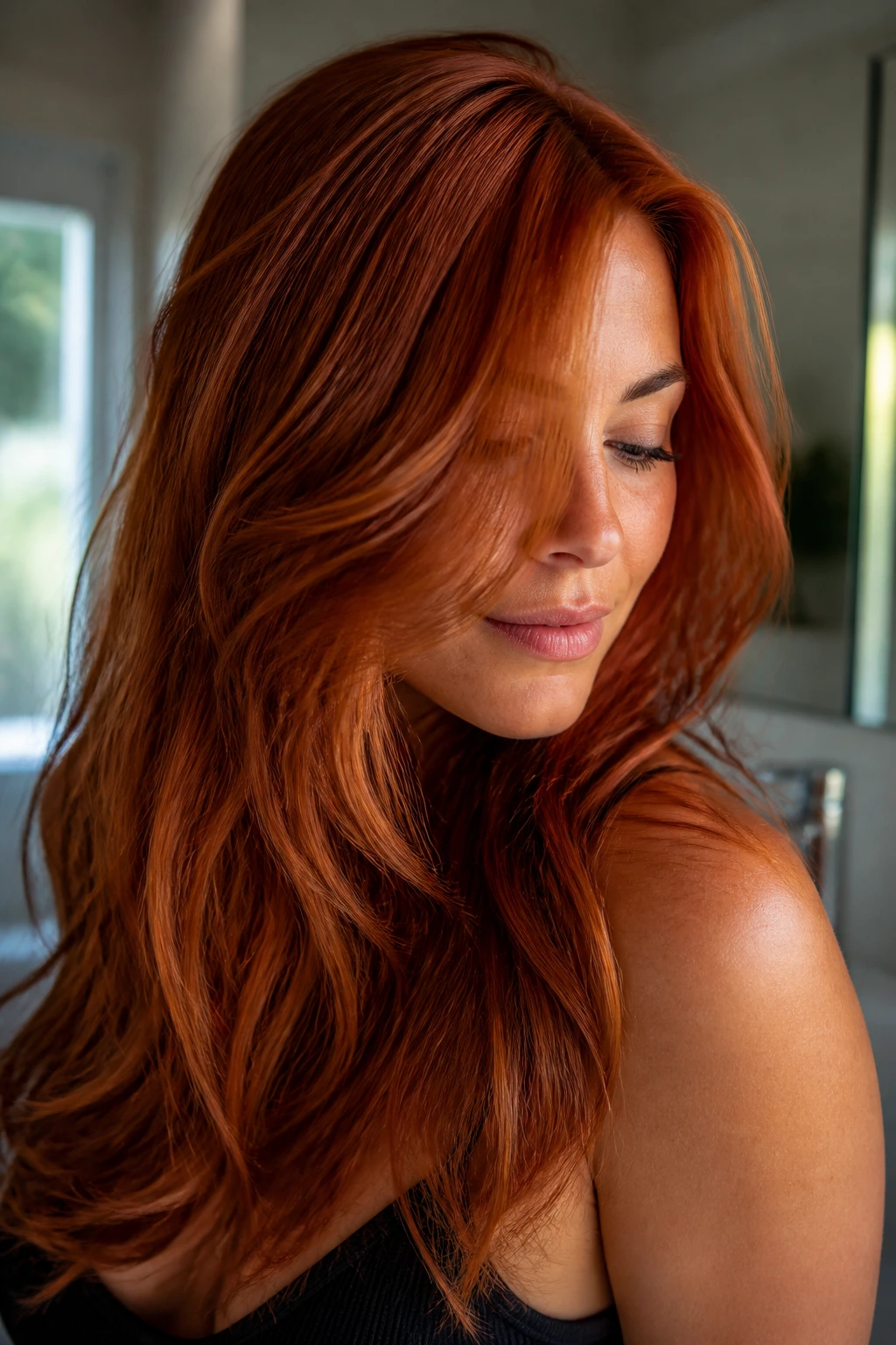 Person with vivid copper hair under natural window light