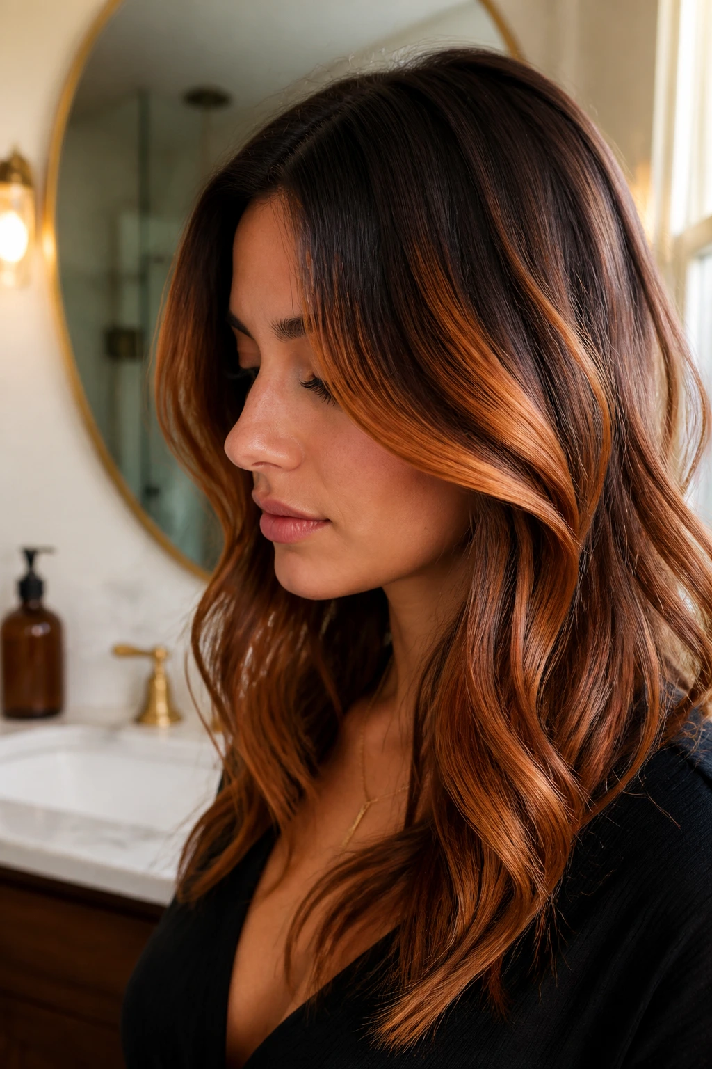 Close-up of copper ribbons melting into dark brown roots on a real person.