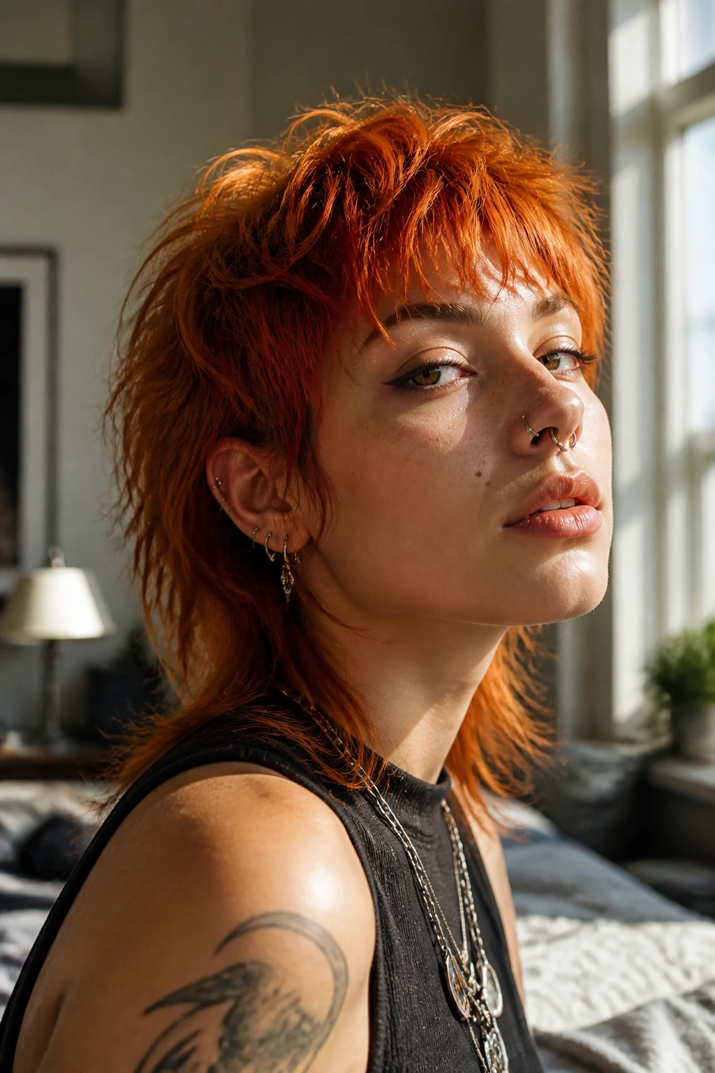 Close-up of a real person with copper shag-mullet hairstyle in natural morning light