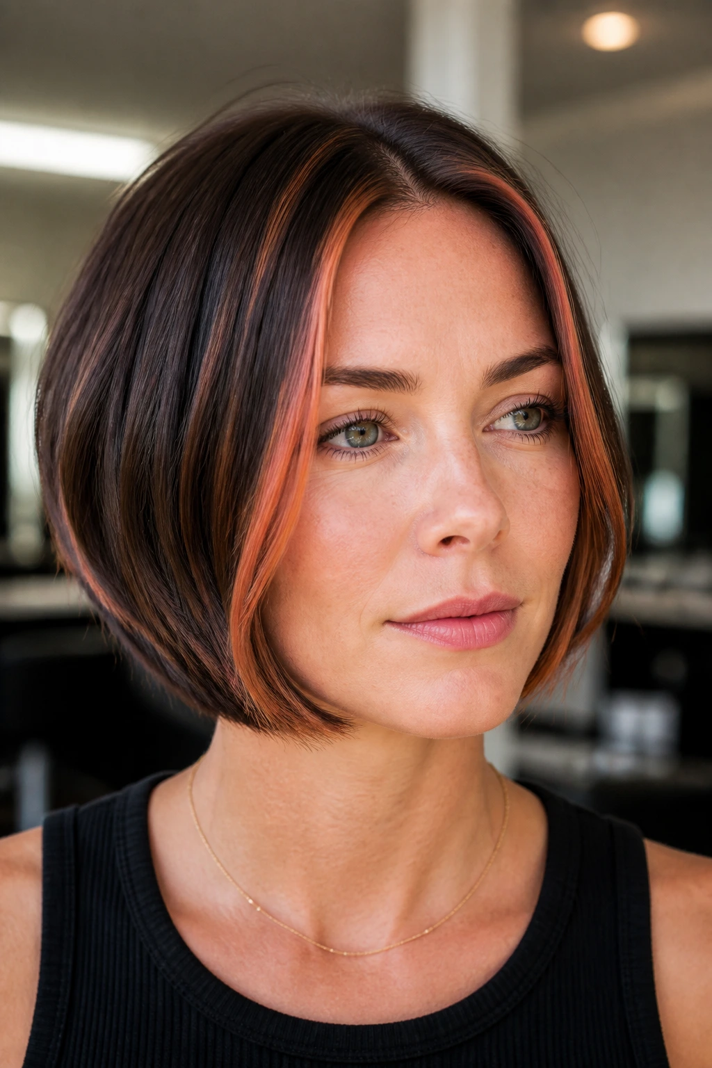 Close-up of real woman with copper highlights at temples on a bob