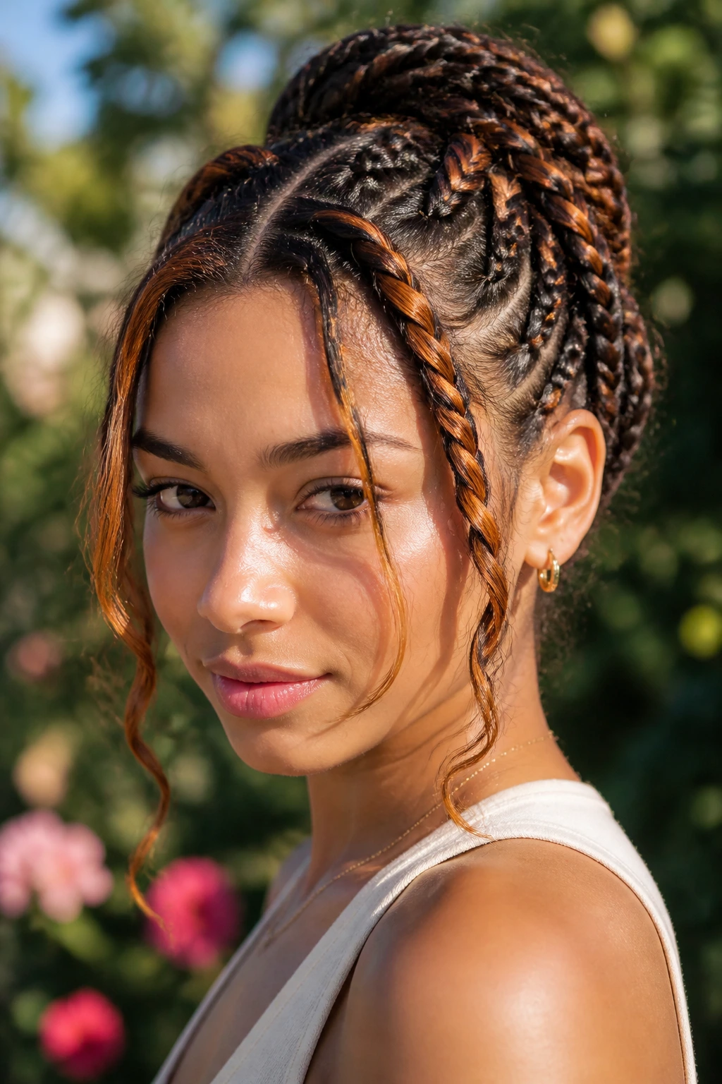 Real person wearing copper face-frame highlights braided into a hairstyle.
