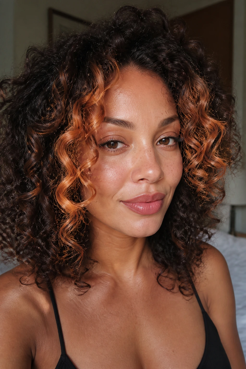 Close-up of a real woman with copper front hair framing highlighting the face.