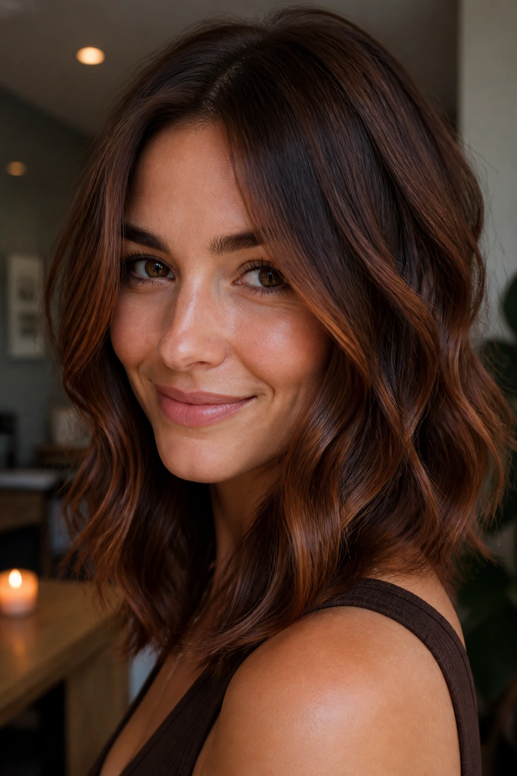 Close-up of a real woman with copper-infused chocolate brown hair in warm light.