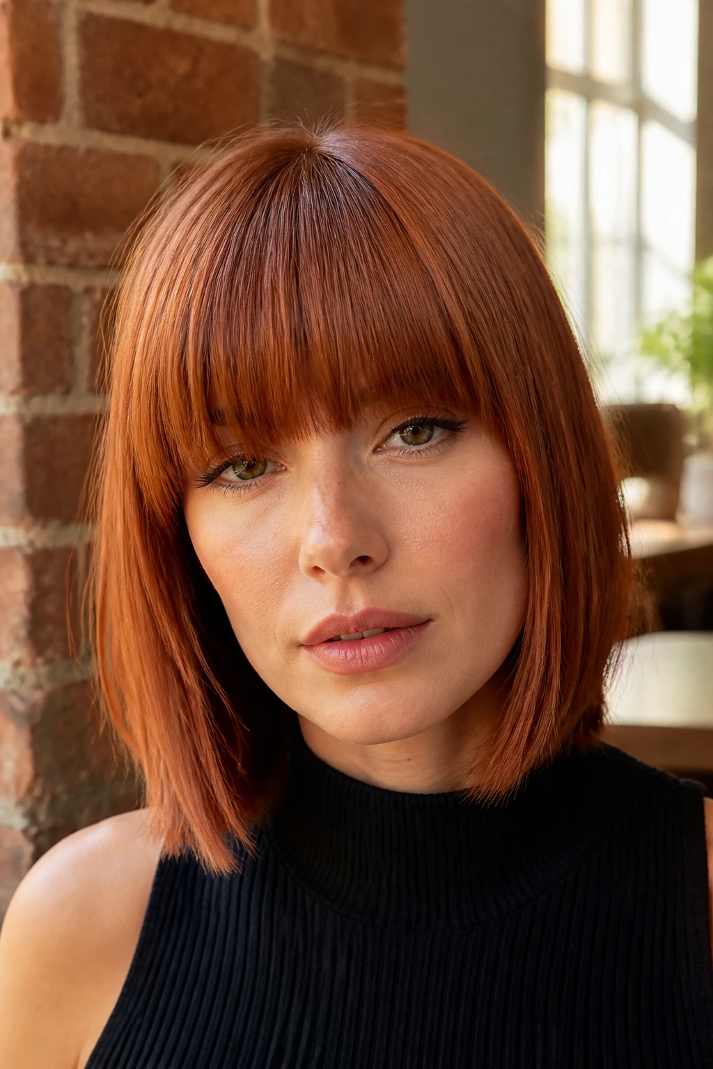 Close-up portrait of a woman with copper lob and heavy blunt bangs in an urban loft
