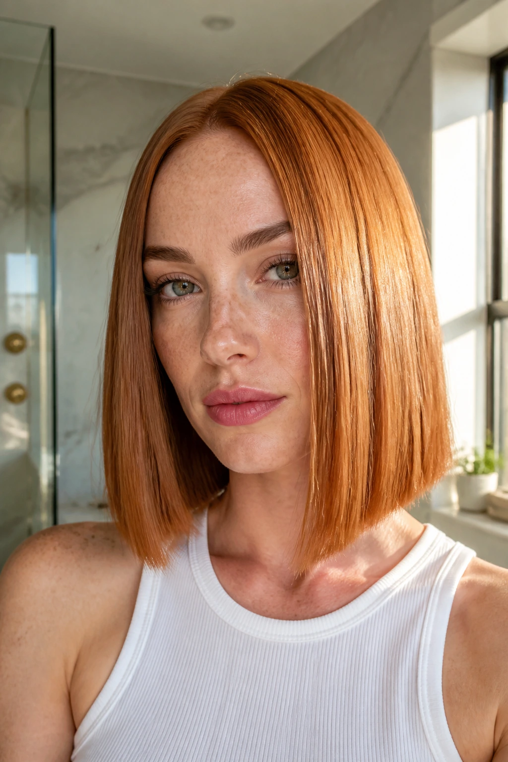 Close-up portrait of a real woman with a blunt copper lob hairstyle