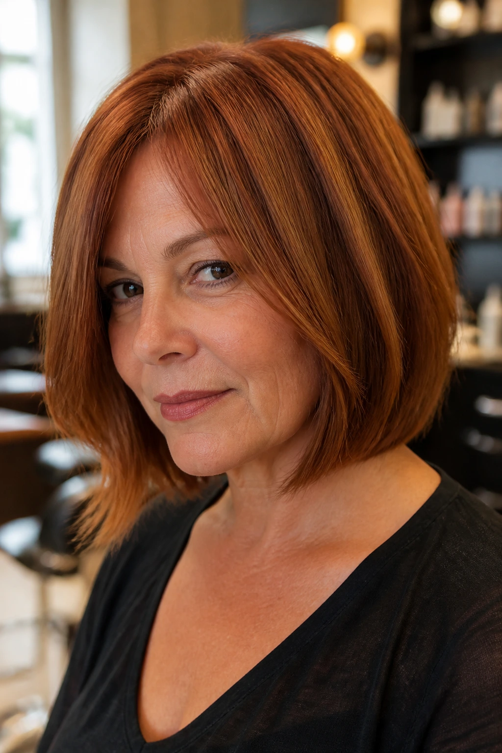 Close-up portrait of a real woman with copper-toned lob and internal thinning in a warm salon setting