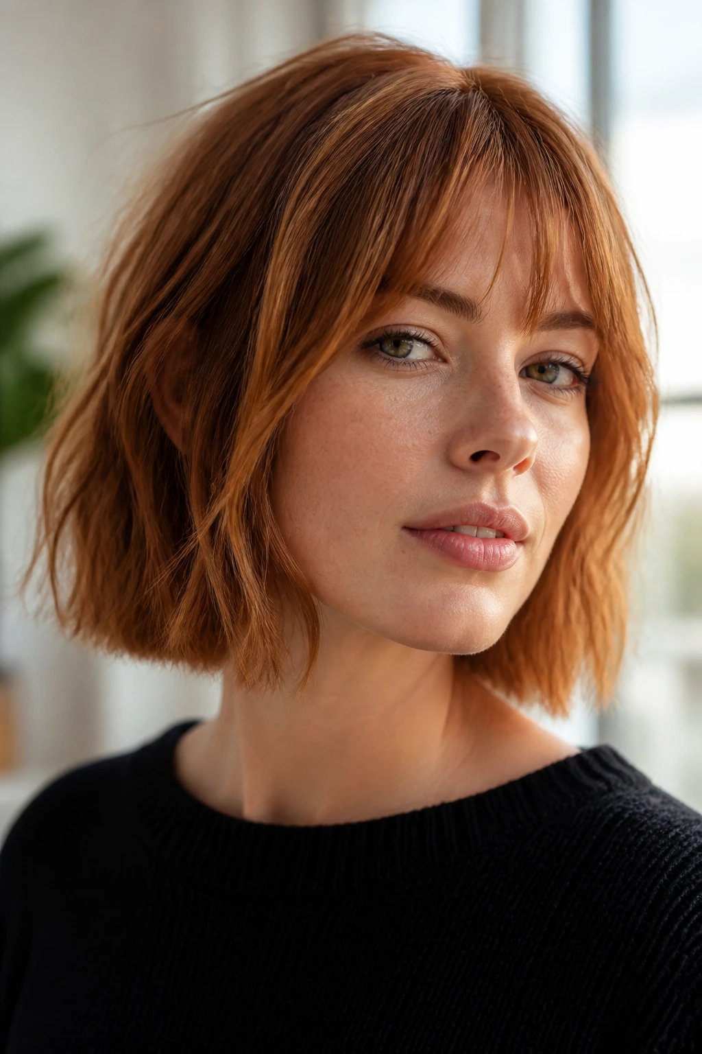 Real person with copper textured lob and wispy bangs in sunlit room.