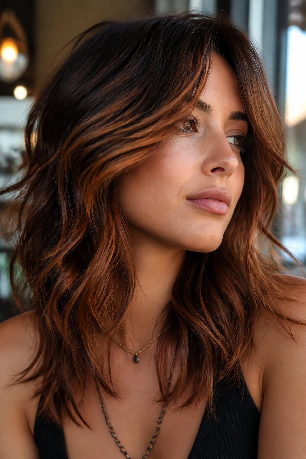 Portrait of a real woman with copper melt highlights on shaggy layered hair