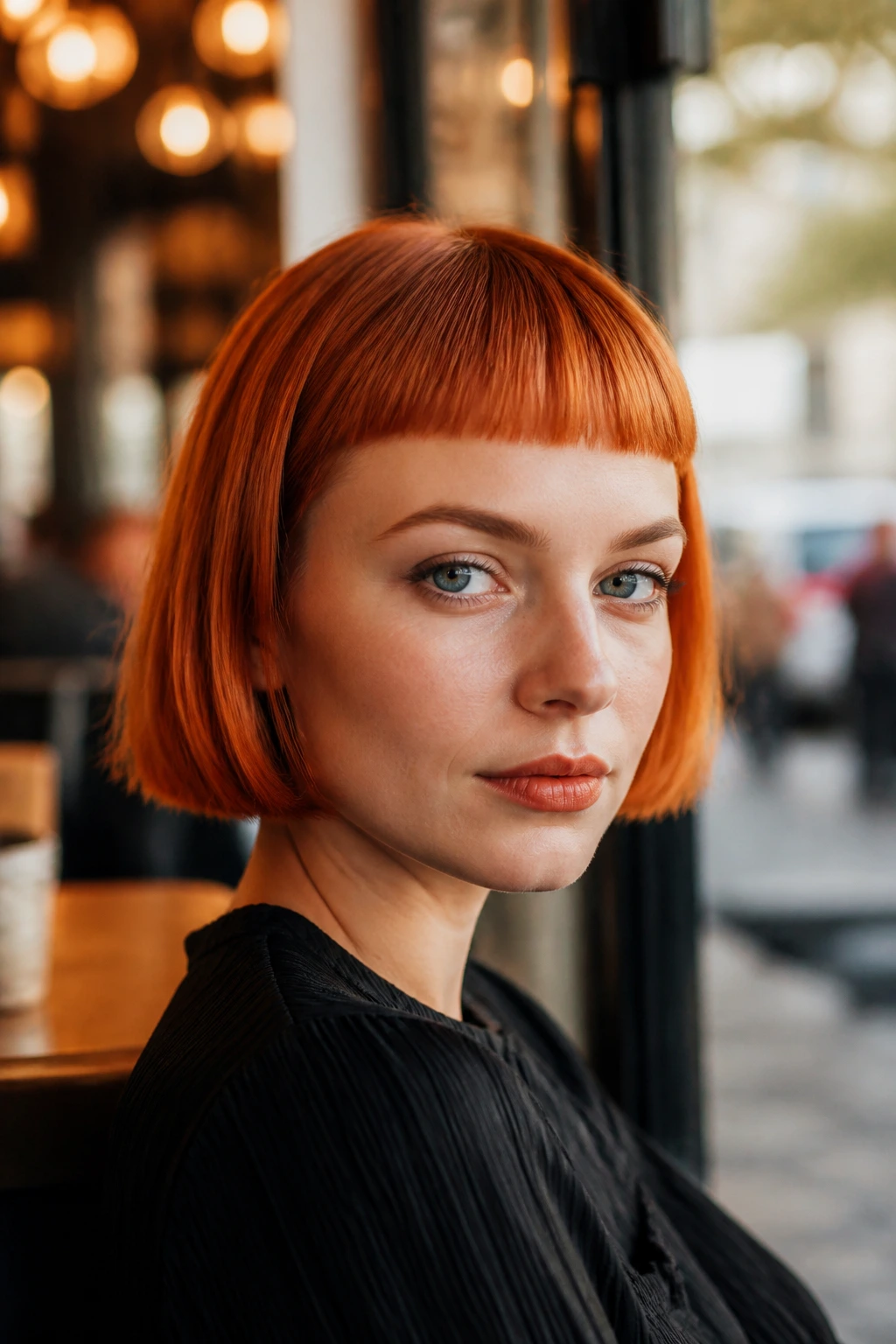 Close-up of a real person with copper micro-bob and baby bangs in a chic cafe setting.