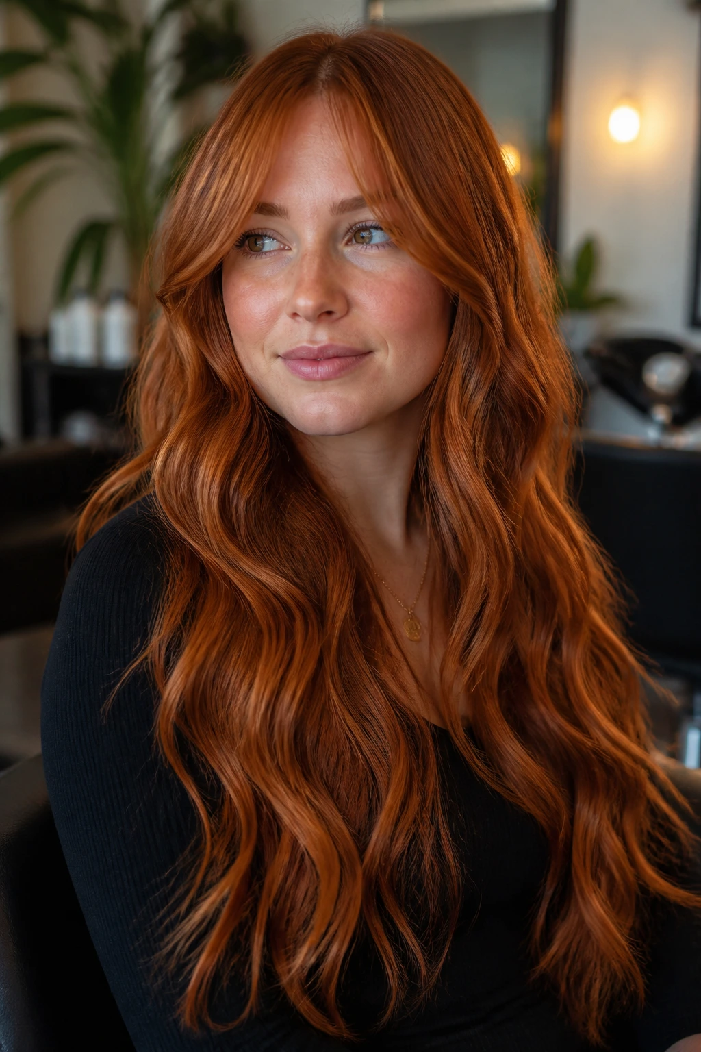 Close-up of a real woman with copper red curtain bangs and waist-length waves in a salon