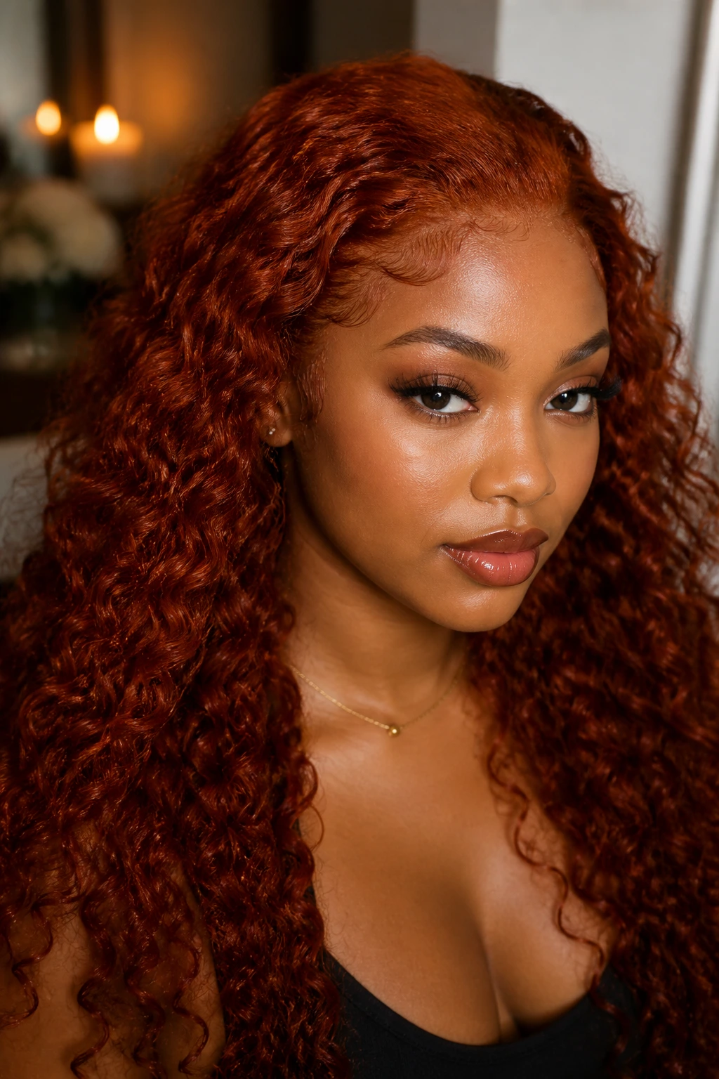 Close-up of copper red lace-front wig with baby hairs on a real person