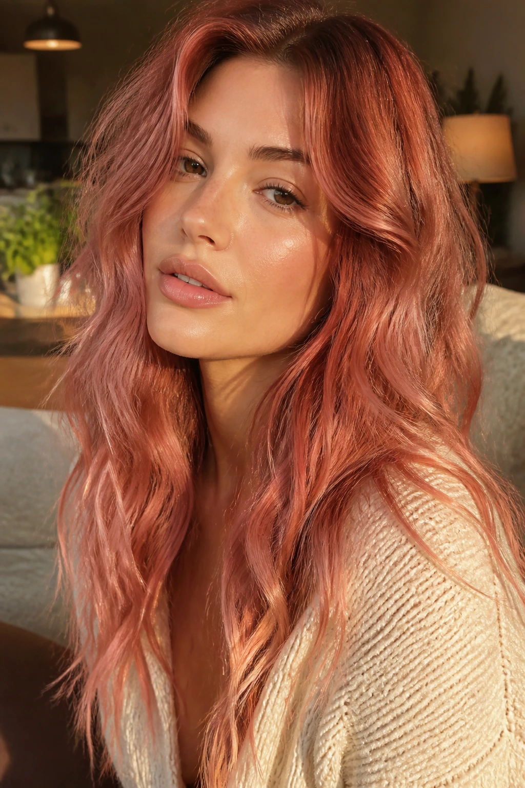 Close-up of a woman with copper-rose gradient hair in loose waves.