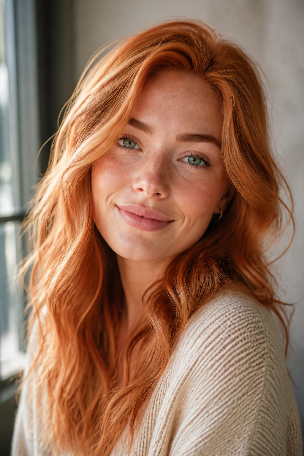 Portrait of person with warm copper hair shade and apricot/gold undertones