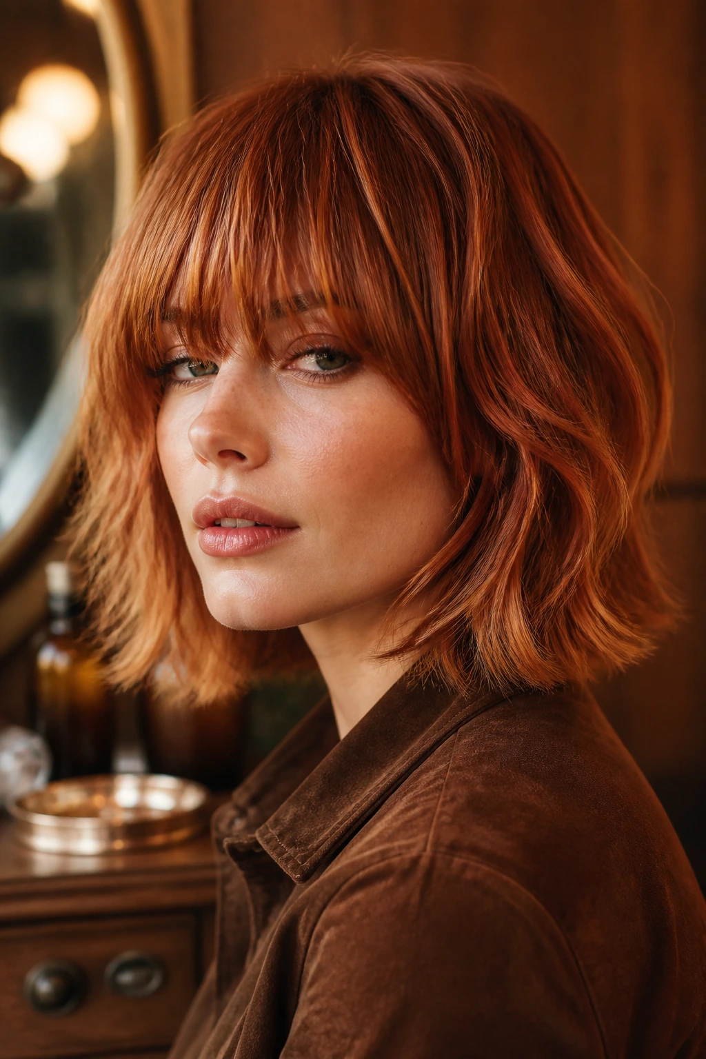 Close-up portrait of a real woman with a copper shag-bob in a retro vanity setting