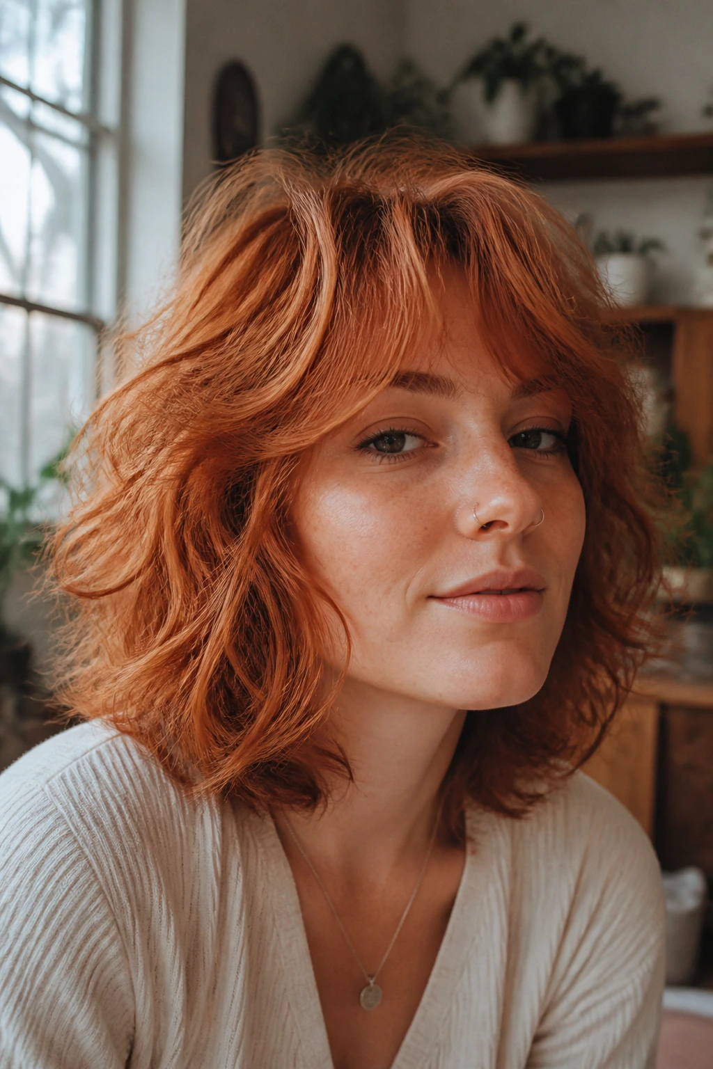 Real woman with textured copper shag bob