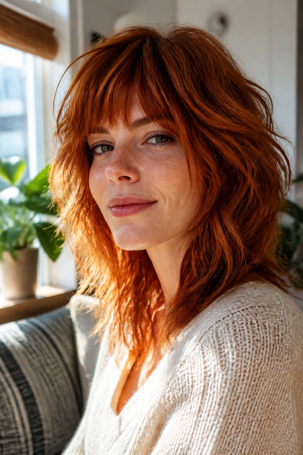 Close-up portrait of a woman with a high-volume copper shag hairstyle