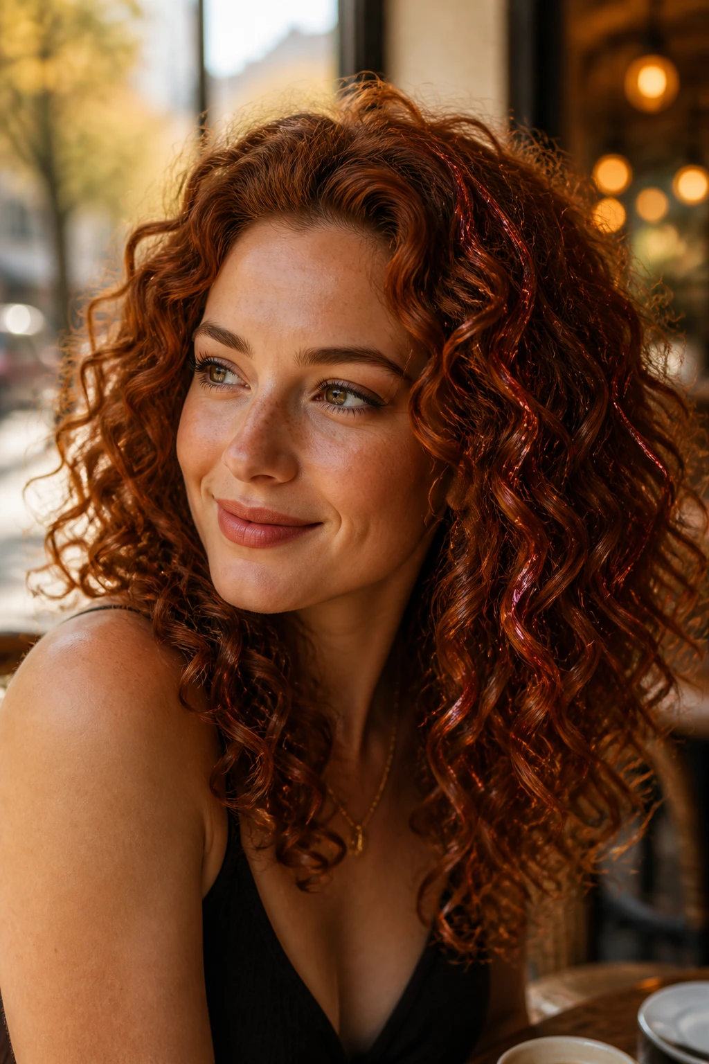 Close-up of auburn curls with copper shimmer threads woven in.