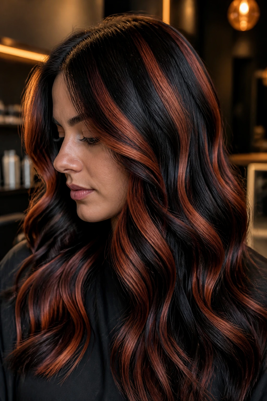 Close-up of thick hair with wide copper-red tiger highlights on black