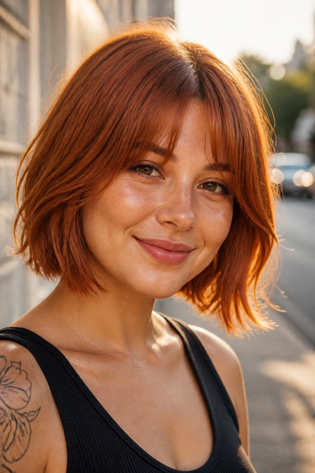 Close-up of a woman with copper-toned bob and curtain bangs in golden hour light.