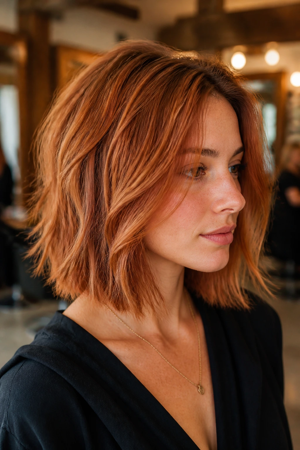 Real woman with copper-toned razored bob at collarbone length in warm salon light