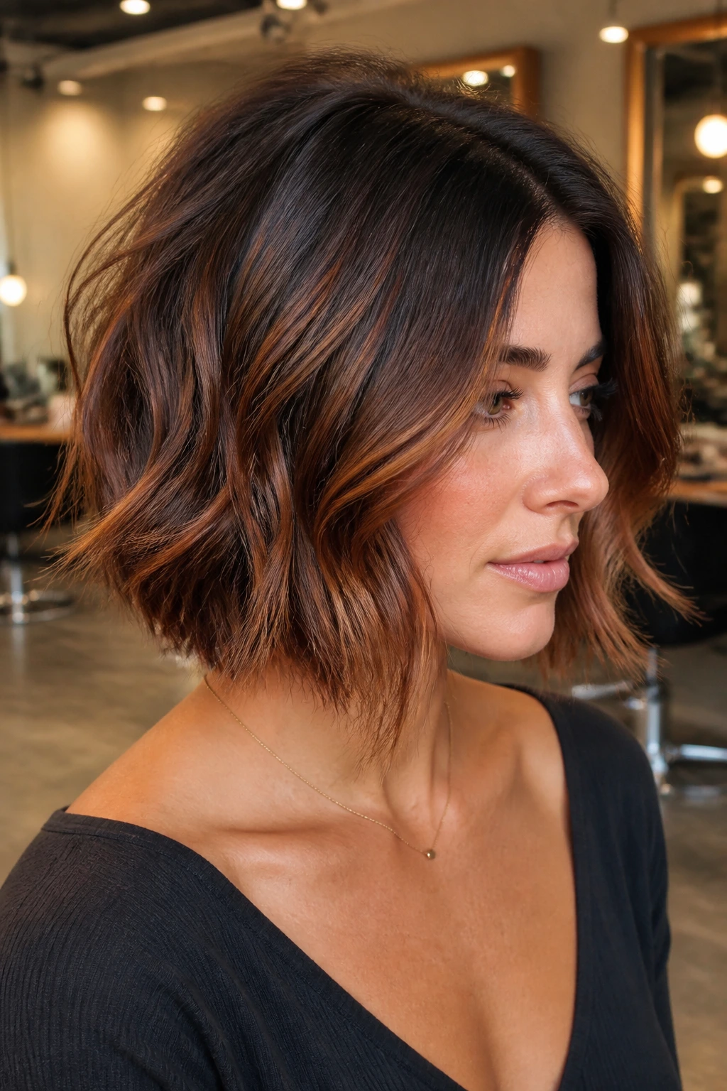 Brunette with copper-toned balayage in a textured bob
