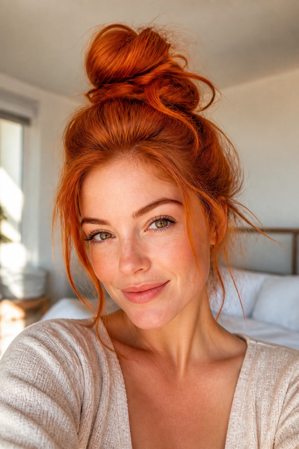 Close-up portrait of a woman with a copper messy top knot