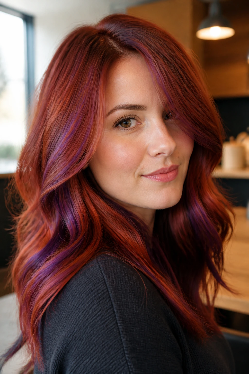 Close-up of a real person with copper-red hair and violet highlights in a fall-inspired office setting